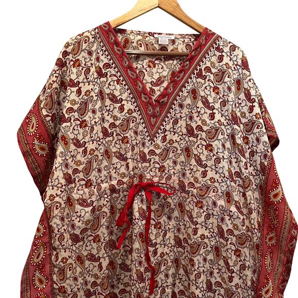 ROYAL PAISLEY Women's Kantha Style Kaftan Dress Red Cream Paisley Print One Size - Picture 2 of 9